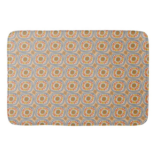 Retro Round Tiles Mexico Daisy Muster Blue Orange Badematte (Vorderseite)