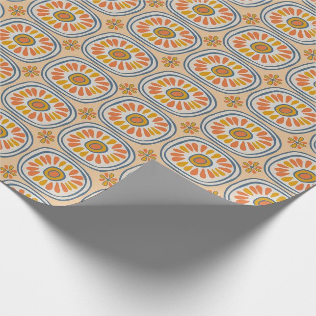 Retro Round Tiles Mexico Daisy Muster Orange Blue Geschenkpapier (Ecke)
