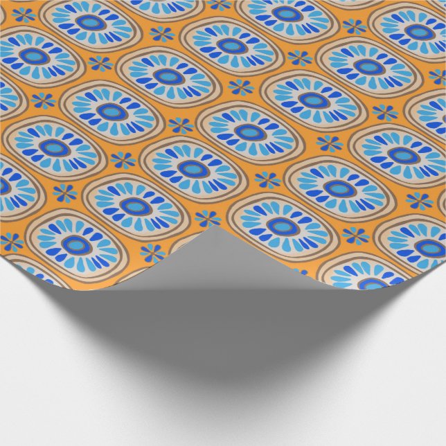Retro Round Tiles Mexico Daisy Muster Orange Blue Geschenkpapier (Ecke)