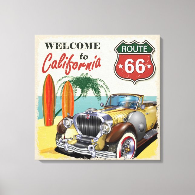 Retro Route 66 "Welcome to California" Poster, Leinwanddruck (Vorderseite)