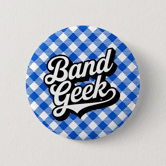 Retro Royal Blau Marching Band Geek Gingham Button (Vorderseite)