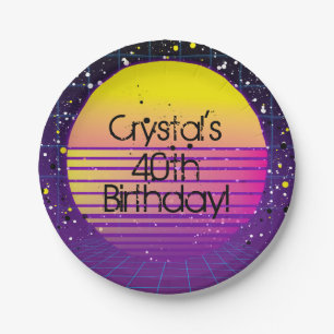 Retro-Rücklauf zum Lila Gelben Sun-Party der 80er Pappteller