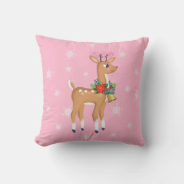 Retro Rudolph Reindeer Pink Throw Kissen