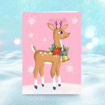 Retro Rudolph Rentier Faltkarte Feiertagskarte<br><div class="desc">Rudolph The Red Nosed Rentier strahlt durch eine Winterszene. Die Schneeflocken fallen um sich herum,  während Rudolphs Antler vor einem weichen rosa Hintergrund funkeln.</div>