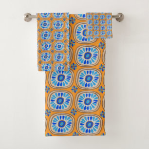 Retro-Rund-Daisy-Fliesenmuster Blau Orange Badhandtuch Set