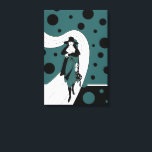 Retro Runway Model, Vintag Art Deco Mode Leinwanddruck<br><div class="desc">Vintage Illustration Deko Design mit einer schicken Dame in einem Hut und Mantel gekleidet und mit einer Handtasche. Die Frau läuft auf einem schwimmenden Pfad. Schwarze Polka-Punkte, Kreise oder Blasen treiben herum. Der Hintergrund ist klar, sodass Sie jede Farbe hinzufügen können, die Sie gewollt haben! Klicken Sie auf die Schaltfläche...</div>