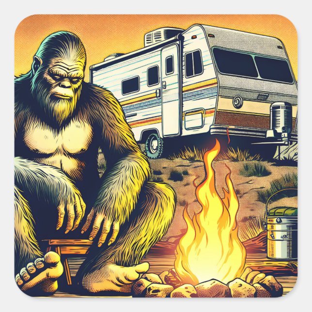 Retro RV Sasquatch Camping Quadratischer Aufkleber (Vorderseite)