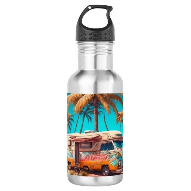 Retro RV und Palmen Edelstahlflasche (Vorderseite)
