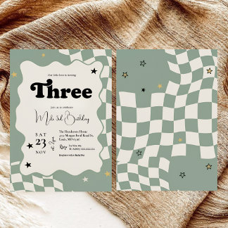 Retro Sage Green Checkered Young Wild 3rd Birthday Einladung