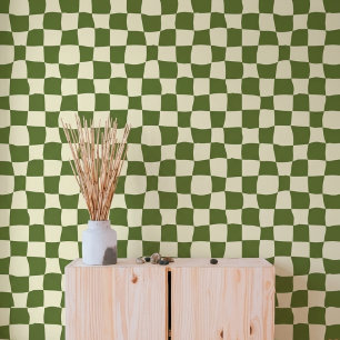 Retro-Sage Olivgrün gewellte verzerrte Schachbrett Tapete
