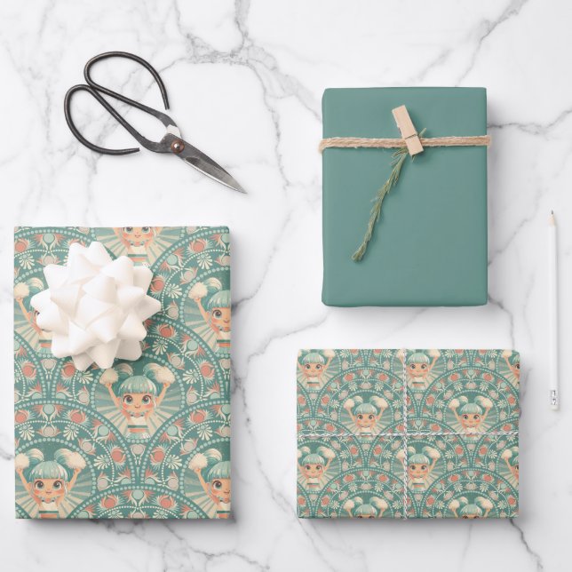 Retro Sage & Sand Cheerleader Mandala Deko Scallop Geschenkpapier Set (Vorderseite)