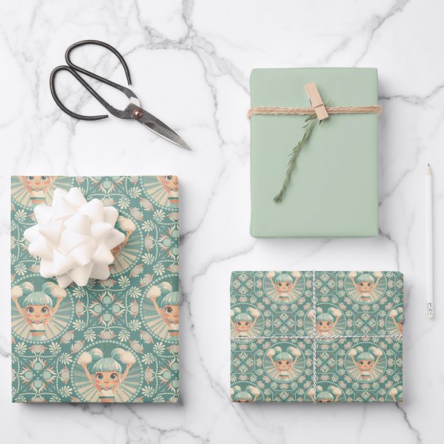 Retro Sage Sand Cheerleader Mandala Diamond Tile Geschenkpapier Set (Vorderseite)