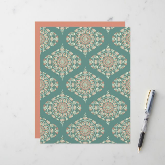 Retro Sage & Sand Verziert Mandala Ogee Damask (Vorderseite/Rückseite Beispiel)