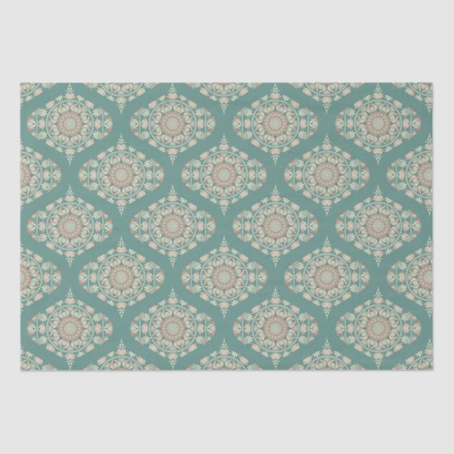 Retro Sage & Sand Verziert Mandala Ogee Damask Seidenpapier (Vorderseite)