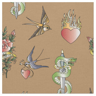 Retro Sailor Tattoo Print Vintag Stoff