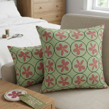 Retro-Salbei-Grün- und Rosa-Blumen-Akzentkissen