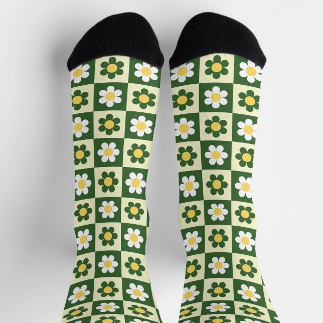 Retro Salbeigrün und Creme-Rand-Daisy-Karo  Socken (Oben)