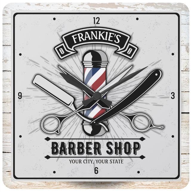 Retro Salon Barber Shop Personalisiert Quadratische Wanduhr (Von Creator hochgeladen)