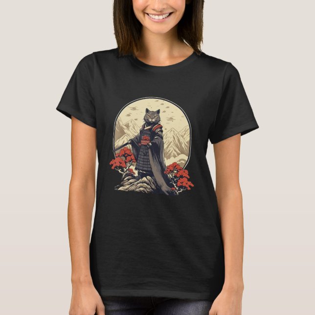 Retro Samurai Cat  Japanese Inspired Cat T-Shirt (Vorderseite)