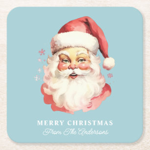 Retro Santa Blau Weihnachten personalisierter Name Rechteckiger Pappuntersetzer