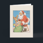 Retro Santa Christmas Grußkarte Feiertagskarte<br><div class="desc">Vintag / Retro Weihnachtsgrüße Karte. Der Weihnachtsmann mit einem niedlichen Rentier und einem Sack voller Spielzeuge! Oh! Hallo frohe Weihnachten!</div>