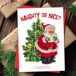 Retro Santa Christmas Naughty Nice Non-Foto-Karte<br><div class="desc">Diese Weihnachtskarte ohne Foto zeigt eine Vintage Abbildung des Weihnachtsmannes, der seine Liste vor einem verzierten Weihnachtsbaum überprüft. Der Gruß auf der Vorderseite der Karte sagt "Naughty or Nice?", aber ist editierbar und kann auf alles geändert werden, was Ihnen gefällt. Es gibt auch Platz für Ihre Namen und das Jahr....</div>