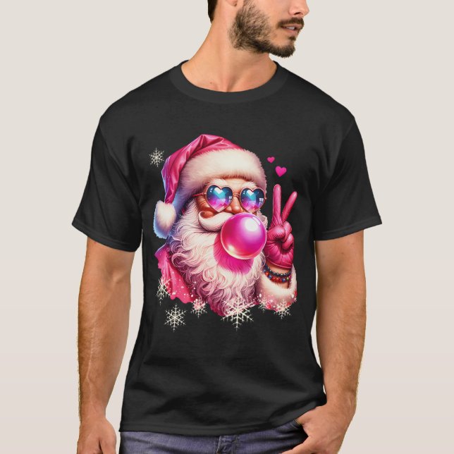 Retro Santa Claus bläst Blase Coolen Friedenszeich T-Shirt (Vorderseite)