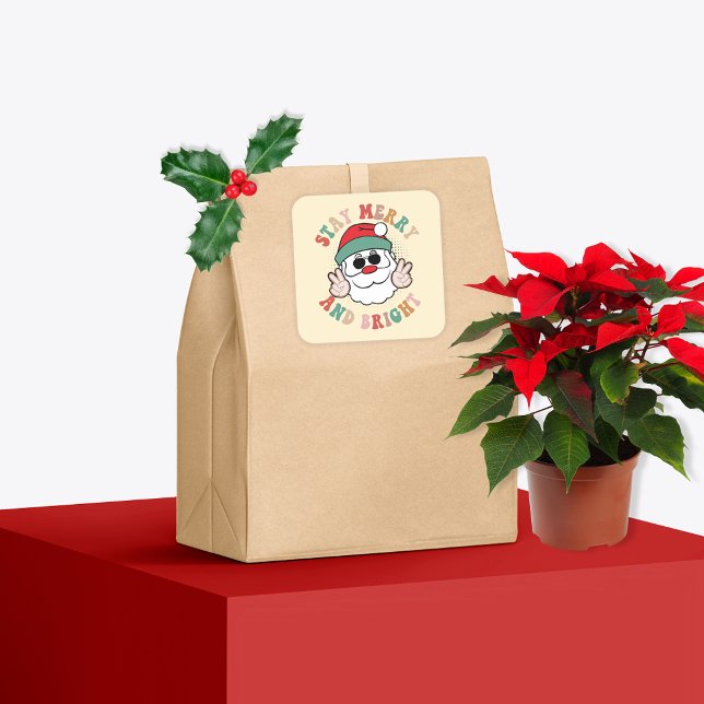 Retro Santa Claus der 70er Jahre Bleibe Merry und  Quadratischer Aufkleber (Von Creator hochgeladen)