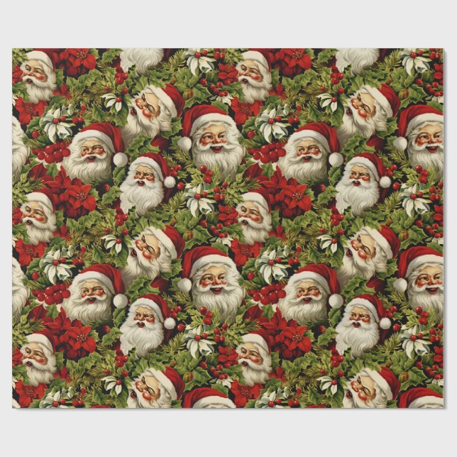 Retro Santa Claus Faces und Holly Geschenkpapier (Flach)