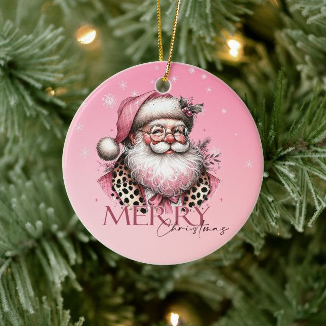 Retro Santa Claus frohe Weihnachten in Rosa Keramik Ornament (Baum)