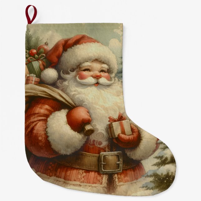 Retro Santa Claus Illustration Großer Weihnachtsstrumpf (Vorderseite)