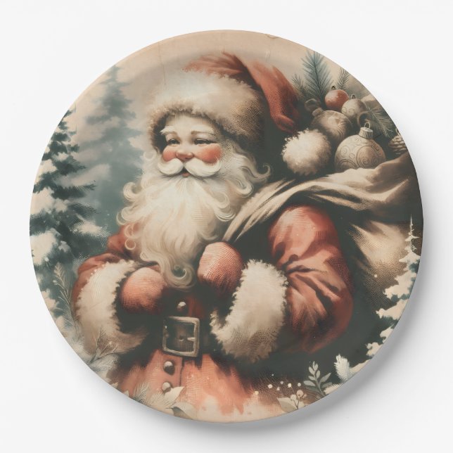 Retro Santa Claus mit Ornamenten Pappteller (Vorderseite)