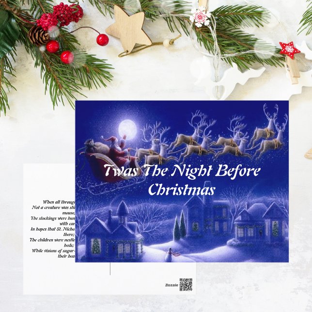 Retro Santa Claus Reindeer Blue Moon Card Postkarte (Von Creator hochgeladen)