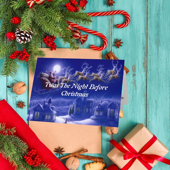 Retro Santa Claus Reindeer Blue Moon Karte (Von Creator hochgeladen)