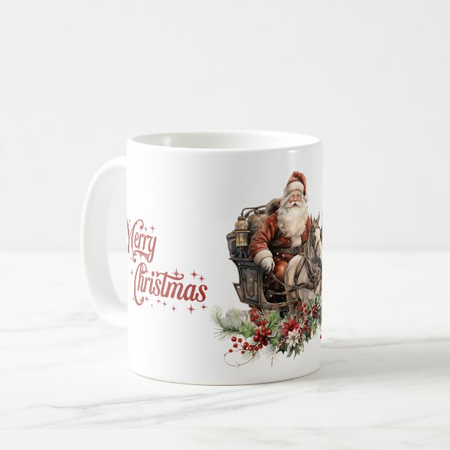 Retro Santa Claus reiten Pferde und heilige Beeren Kaffeetasse (Vorderseite Links)