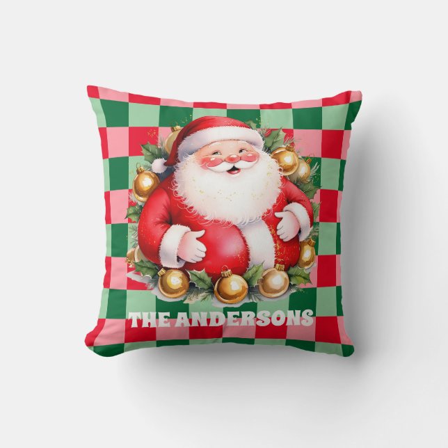 Retro Santa Claus Tartan Kariert Frohe Weihnachten Kissen (Vorderseite)