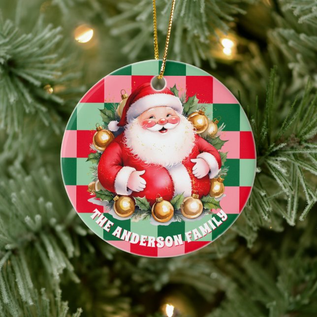 Retro Santa Claus Tartan Kariertes Weihnachtsgesch Keramik Ornament (Baum)