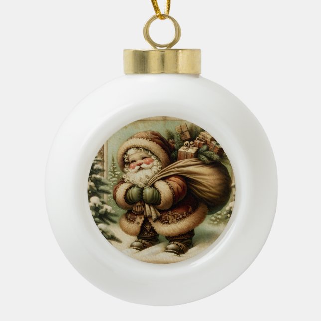 Retro Santa Claus with Gifts Keramik Kugel-Ornament (Vorderseite)