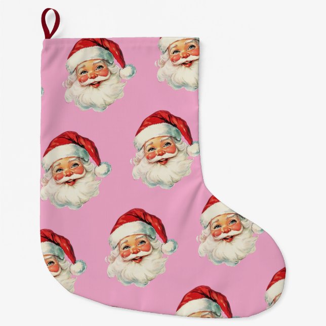 Retro Santa Face Christmas Pink Großer Weihnachtsstrumpf (Vorderseite)