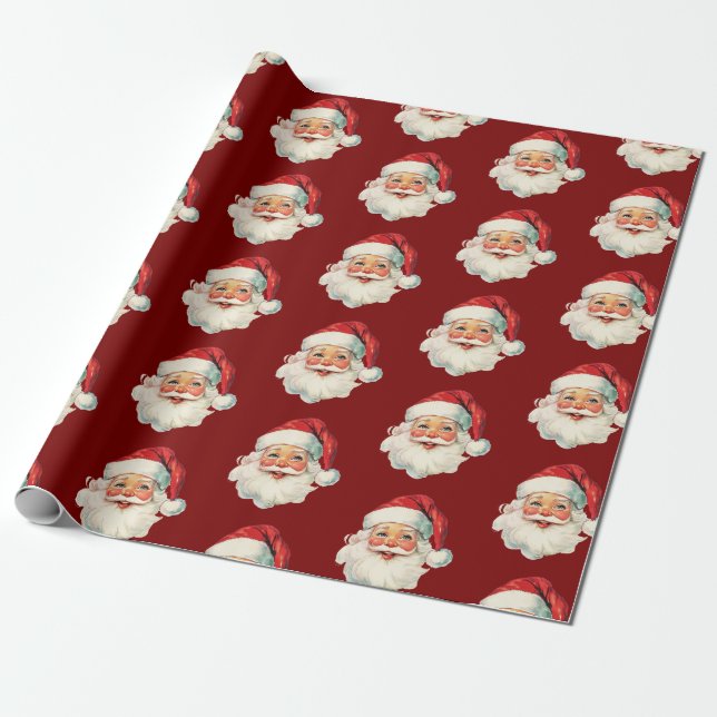 Retro Santa Face Christmas Red Geschenkpapier (Ungerollt)
