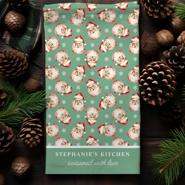 Retro Santa Green Personalisiert Name Weihnachten Geschirrtuch (Von Creator hochgeladen)