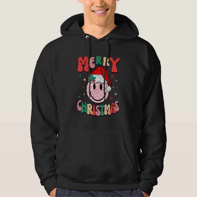 Retro Santa Hat Leopard Smile Face  Christmas Hoodie (Vorderseite)