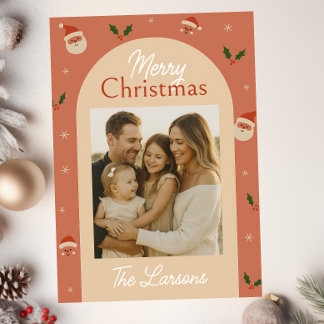 Retro Santa & Holly Arch Christmas Card Feiertagskarte