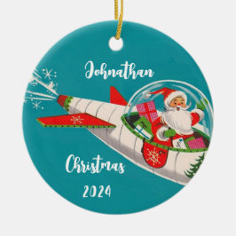 Retro Santa in Rocketship Personalisiertes Ornamen Keramik Ornament