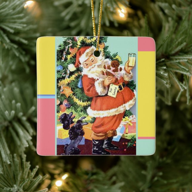 Retro Santa, Kekse und Milch, und tanzende Poodle Keramikornament (Baum)