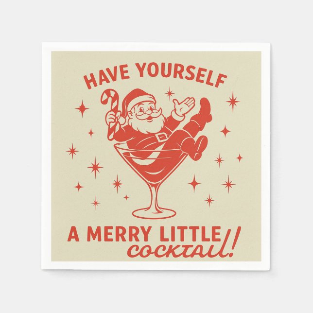 Retro Santa Merry Little Cocktail Christmas Napkin Serviette (Vorderseite)