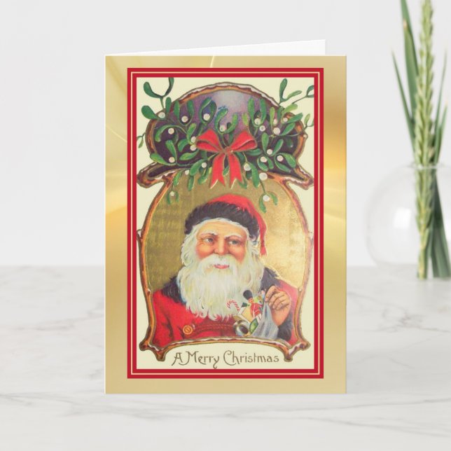 Retro Santa mit Spielzeug Gold Green Border Holida Karte (Vorderseite)