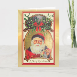 Retro Santa mit Spielzeug Gold Green Border Holida Karte