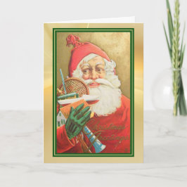 Retro Santa mit Spielzeug Gold Green Border Holida Karte