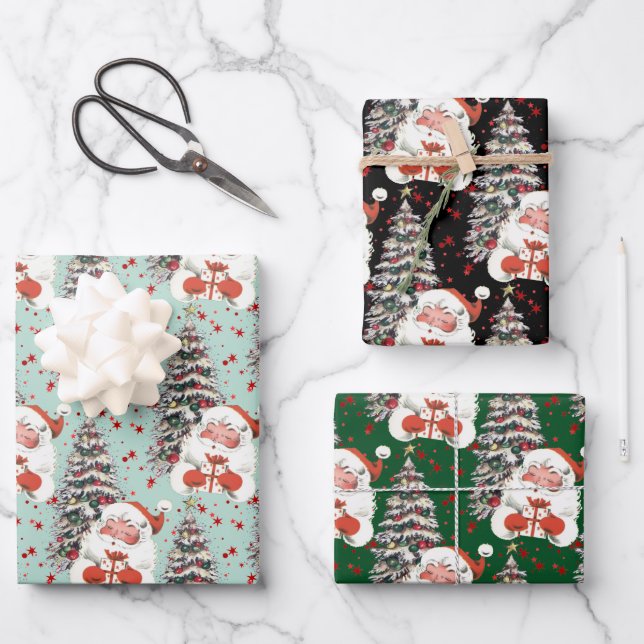 Retro Santa mit Sternen  Geschenkpapier Set (Vorderseite)